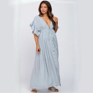 Light Blue Deep V-Neck Button Down Maternity Maxi Dress